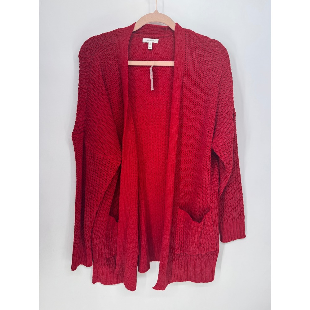 Maurices Cardigan Women 0X/1X Red NWT Open Front Chunky Shaker Knit Pockets